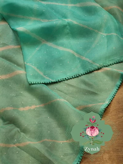Zynah Teal Blue Color Pure Organza Silk Saree with Hand-painted Lehariya & Mukaish Work; Custom Stitched/Ready-made Blouse, Fall, Petticoat; Shipping available USA, Worldwide
