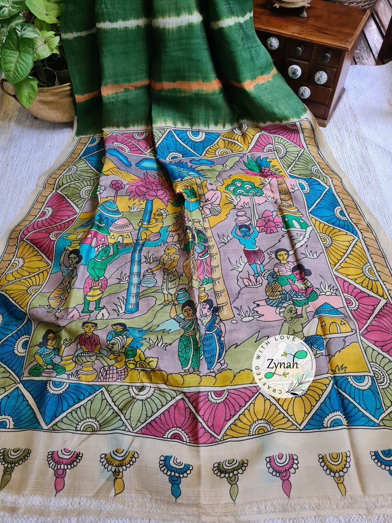 Zynah Green Color Pure Tussar Silk Saree with Shibori Print & Kalamkari Pallu; Custom Stitched/Ready-made Blouse, Fall, Petticoat; Shipping available USA, Worldwide