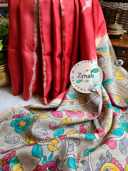 Zynah Red Color Pure Tussar Silk Saree with Shibori Print & Kalamkari Pallu; Custom Stitched/Ready-made Blouse, Fall, Petticoat; Shipping available USA, Worldwide