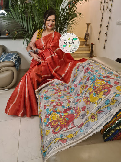 Zynah Red Color Pure Tussar Silk Saree with Shibori Print & Kalamkari Pallu; Custom Stitched/Ready-made Blouse, Fall, Petticoat; Shipping available USA, Worldwide