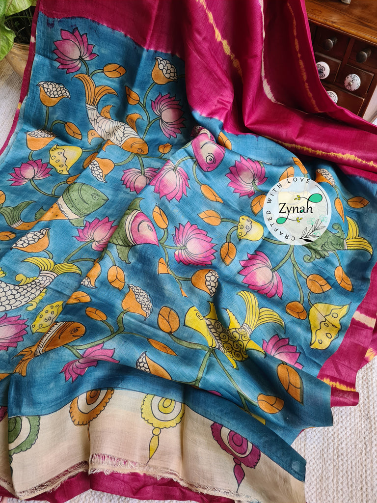 Zynah Pink Color Pure Tussar Silk Saree with Shibori Print & Kalamkari Pallu; Custom Stitched/Ready-made Blouse, Fall, Petticoat; Shipping available USA, Worldwide