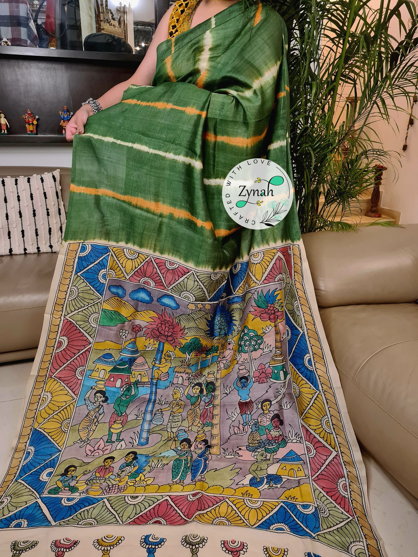 Zynah Green Color Pure Tussar Silk Saree with Shibori Print & Kalamkari Pallu; Custom Stitched/Ready-made Blouse, Fall, Petticoat; Shipping available USA, Worldwide