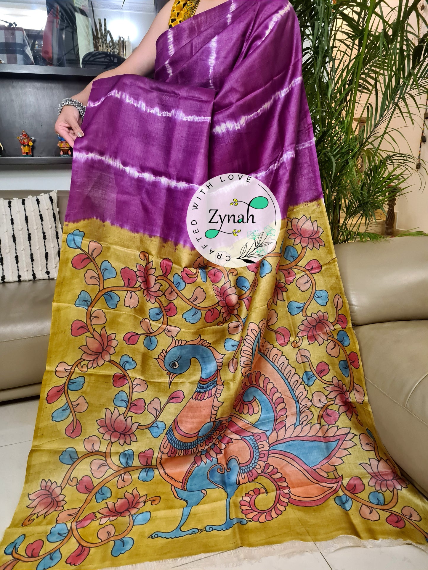 Zynah Purple Color Pure Tussar Silk Saree with Shibori Print & Kalamkari Pallu; Custom Stitched/Ready-made Blouse, Fall, Petticoat; Shipping available USA, Worldwide