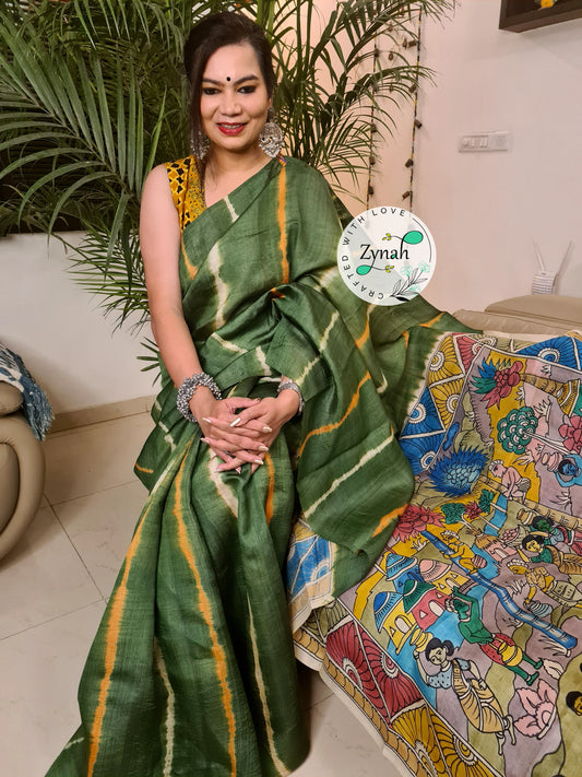 Zynah Green Color Pure Tussar Silk Saree with Shibori Print & Kalamkari Pallu; Custom Stitched/Ready-made Blouse, Fall, Petticoat; Shipping available USA, Worldwide