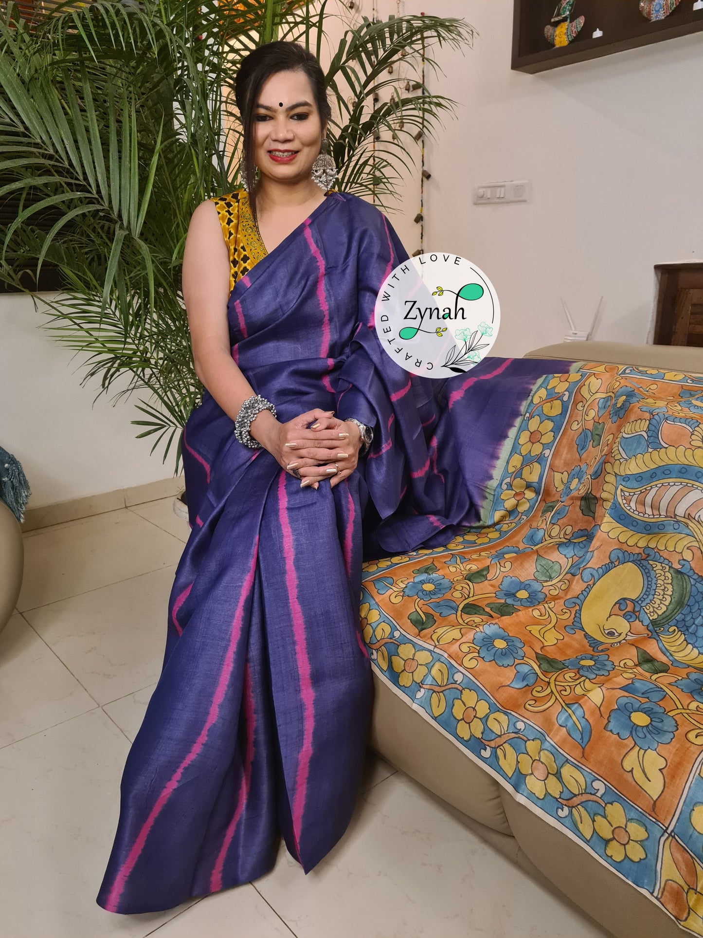 Zynah Bluish Violet Color Pure Tussar Silk Saree with Shibori Print & Kalamkari Pallu; Custom Stitched/Ready-made Blouse, Fall, Petticoat; Shipping available USA, Worldwide