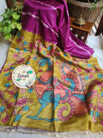 Zynah Purple Color Pure Tussar Silk Saree with Shibori Print & Kalamkari Pallu; Custom Stitched/Ready-made Blouse, Fall, Petticoat; Shipping available USA, Worldwide