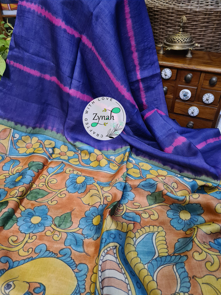 Zynah Bluish Violet Color Pure Tussar Silk Saree with Shibori Print & Kalamkari Pallu; Custom Stitched/Ready-made Blouse, Fall, Petticoat; Shipping available USA, Worldwide