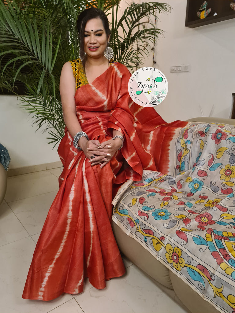 Zynah Red Color Pure Tussar Silk Saree with Shibori Print & Kalamkari Pallu; Custom Stitched/Ready-made Blouse, Fall, Petticoat; Shipping available USA, Worldwide