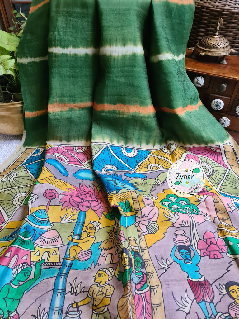 Zynah Green Color Pure Tussar Silk Saree with Shibori Print & Kalamkari Pallu; Custom Stitched/Ready-made Blouse, Fall, Petticoat; Shipping available USA, Worldwide