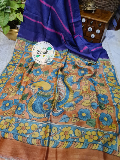 Zynah Bluish Violet Color Pure Tussar Silk Saree with Shibori Print & Kalamkari Pallu; Custom Stitched/Ready-made Blouse, Fall, Petticoat; Shipping available USA, Worldwide