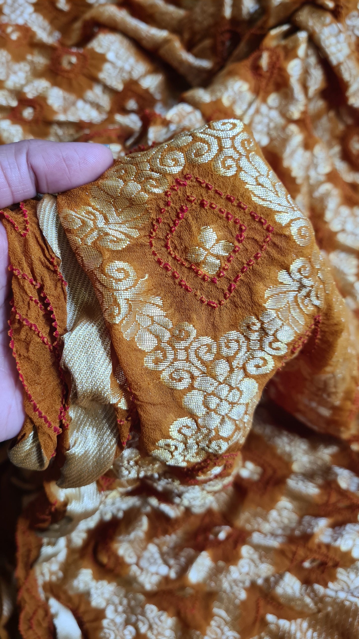Zynah Pure Georgette Designer Bandhani Saree with Gharchola & Zari Weave; Custom Stitched/Ready-made Blouse, Fall, Petticoat; Shipping available USA, Worldwide