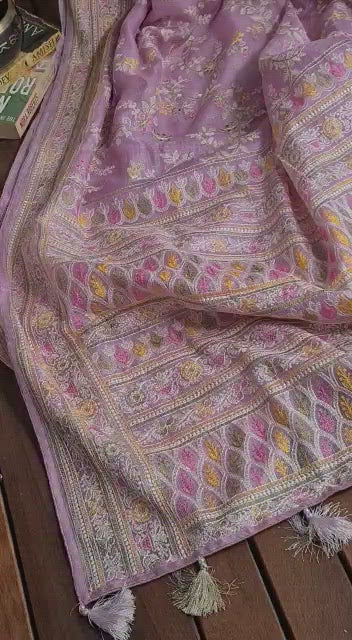 Zynah Feather-light Pure Kota Silk Saree with Chikankari Style Thread Embroidered; Custom Stitched/Ready-made Blouse, Fall, Petticoat; Shipping available USA, Worldwide