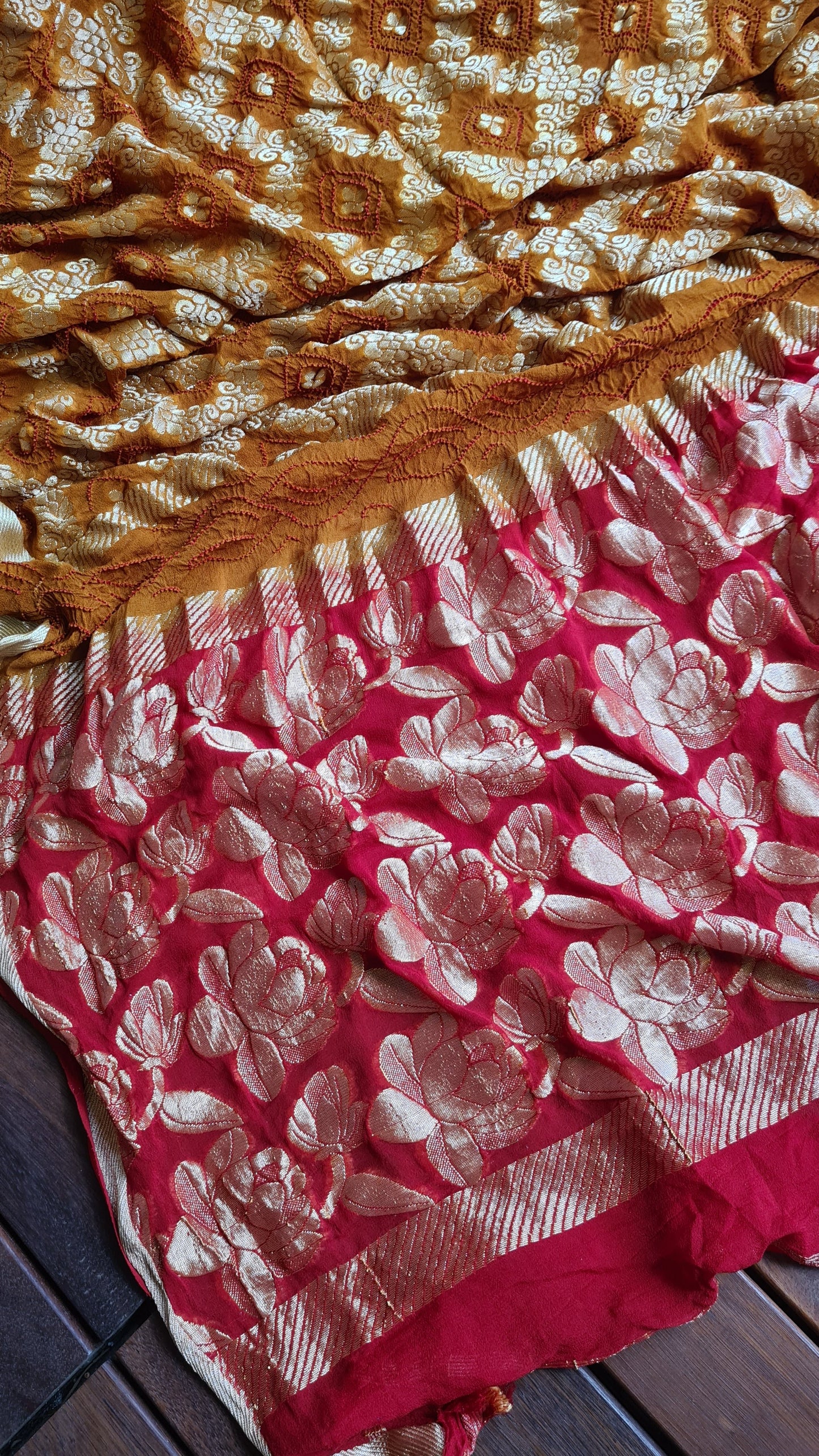 Zynah Pure Georgette Designer Bandhani Saree with Gharchola & Zari Weave; Custom Stitched/Ready-made Blouse, Fall, Petticoat; Shipping available USA, Worldwide