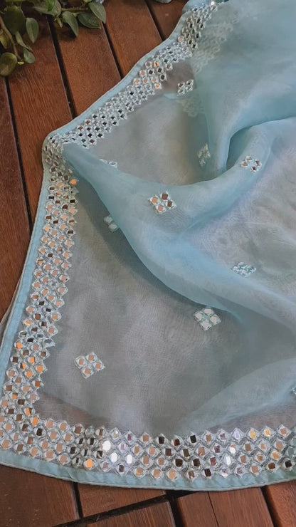 Zynah Pure Organza Silk Saree with Mirror Kutchi Work; Custom Stitched/Ready-made Blouse, Fall, Petticoat; Shipping available USA, Worldwide