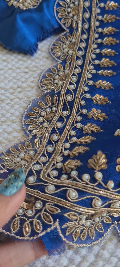 Zynah Blue colored Pure Organza Silk Saree with Zardosi, Pearl beads and Sequin Handwork; Custom Stitched/Ready-made Blouse, Fall, Petticoat; Shipping available USA, Worldwide
