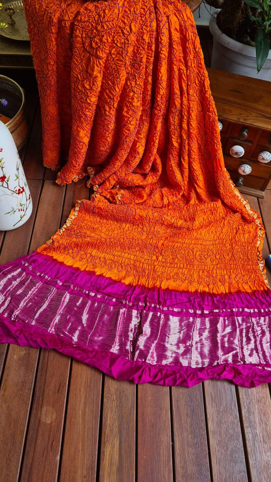 Zynah Pure Gajji Silk Designer Bandhani Saree with Tissue Zari Pallu; Custom Stitched/Ready-made Blouse, Fall, Petticoat; Shipping available USA, Worldwide