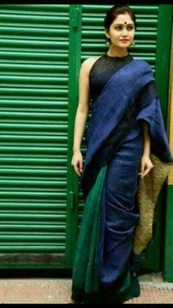 Zynah Half and Half Organic Lab Tested pure 'Linen by Linen' Handcrafted Saree with gheecha pallu; Custom Stitched/Ready-made Blouse, Fall, Petticoat; Shipping available USA, Worldwide