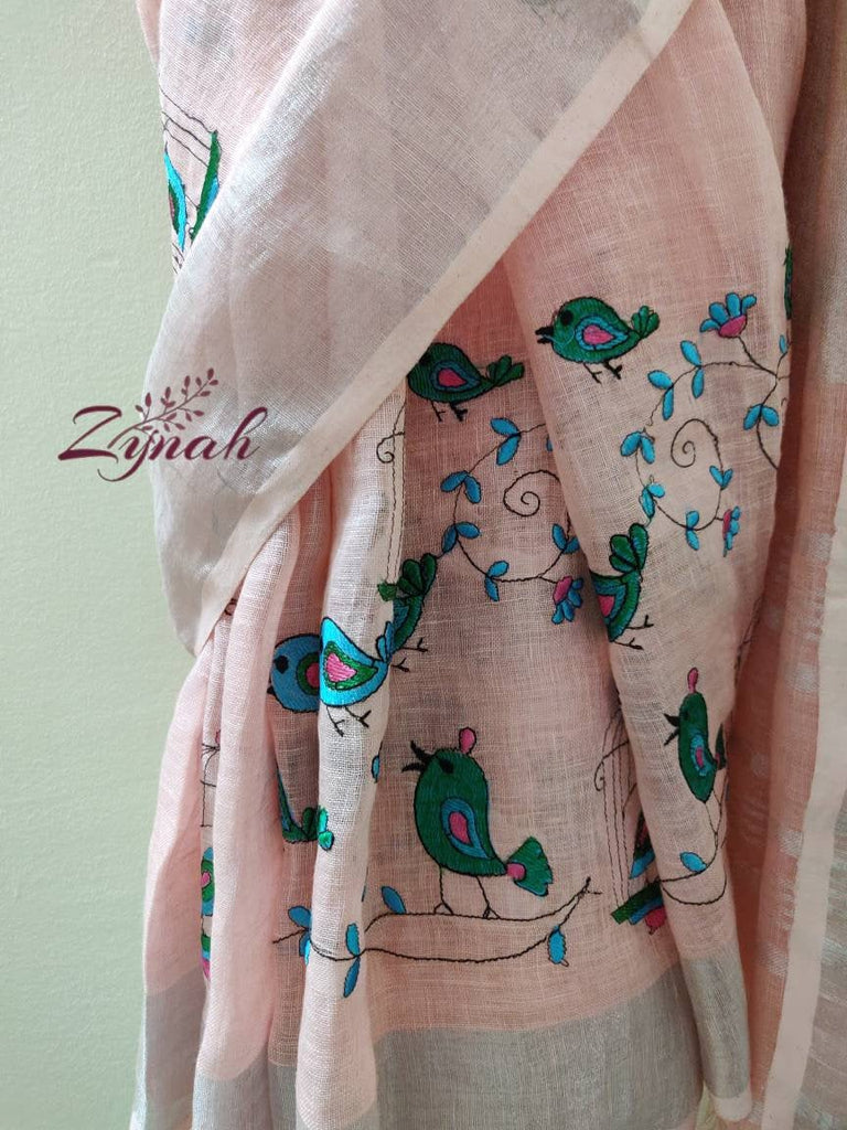 Zynah Organic Lab Tested superior Count pure 'Linen By Linen' embroidered saree; Custom Stitched/Ready-made Blouse, Fall, Petticoat; Shipping available USA, Worldwide