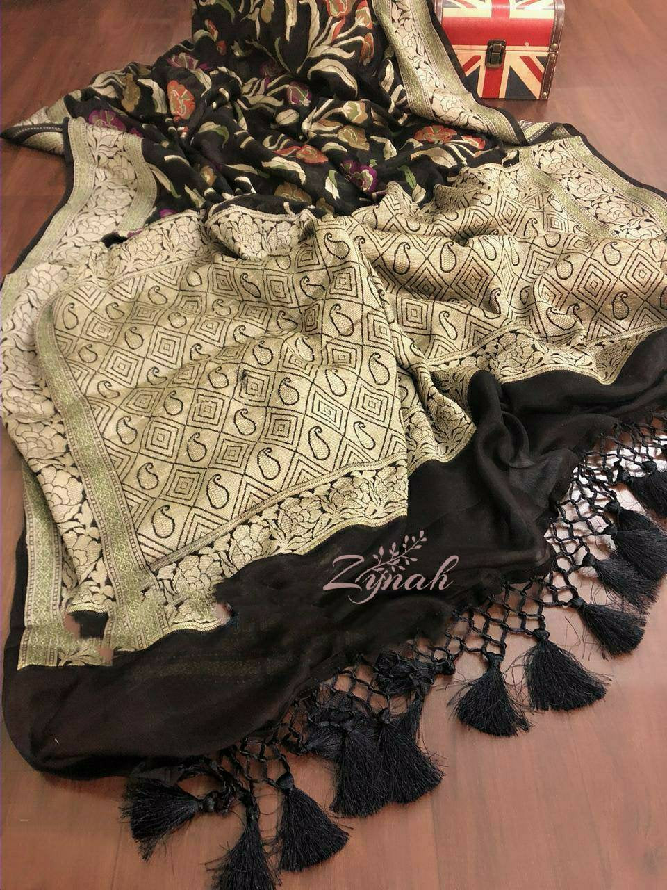 Zynah Pure Chiffon Georgette Banarasi Woven Saree, Dyeable; Custom Stitched/Ready-made Blouse, Fall, Petticoat; Shipping available USA, Worldwide