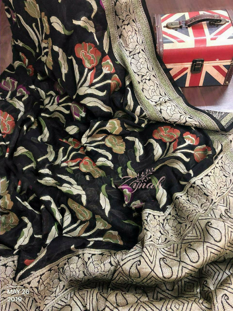 Zynah Pure Chiffon Georgette Banarasi Woven Saree, Dyeable; Custom Stitched/Ready-made Blouse, Fall, Petticoat; Shipping available USA, Worldwide