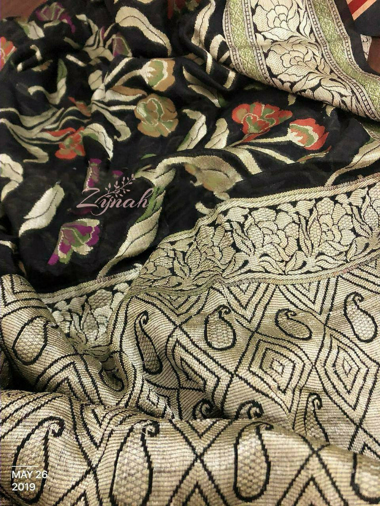 Zynah Pure Chiffon Georgette Banarasi Woven Saree, Dyeable; Custom Stitched/Ready-made Blouse, Fall, Petticoat; Shipping available USA, Worldwide