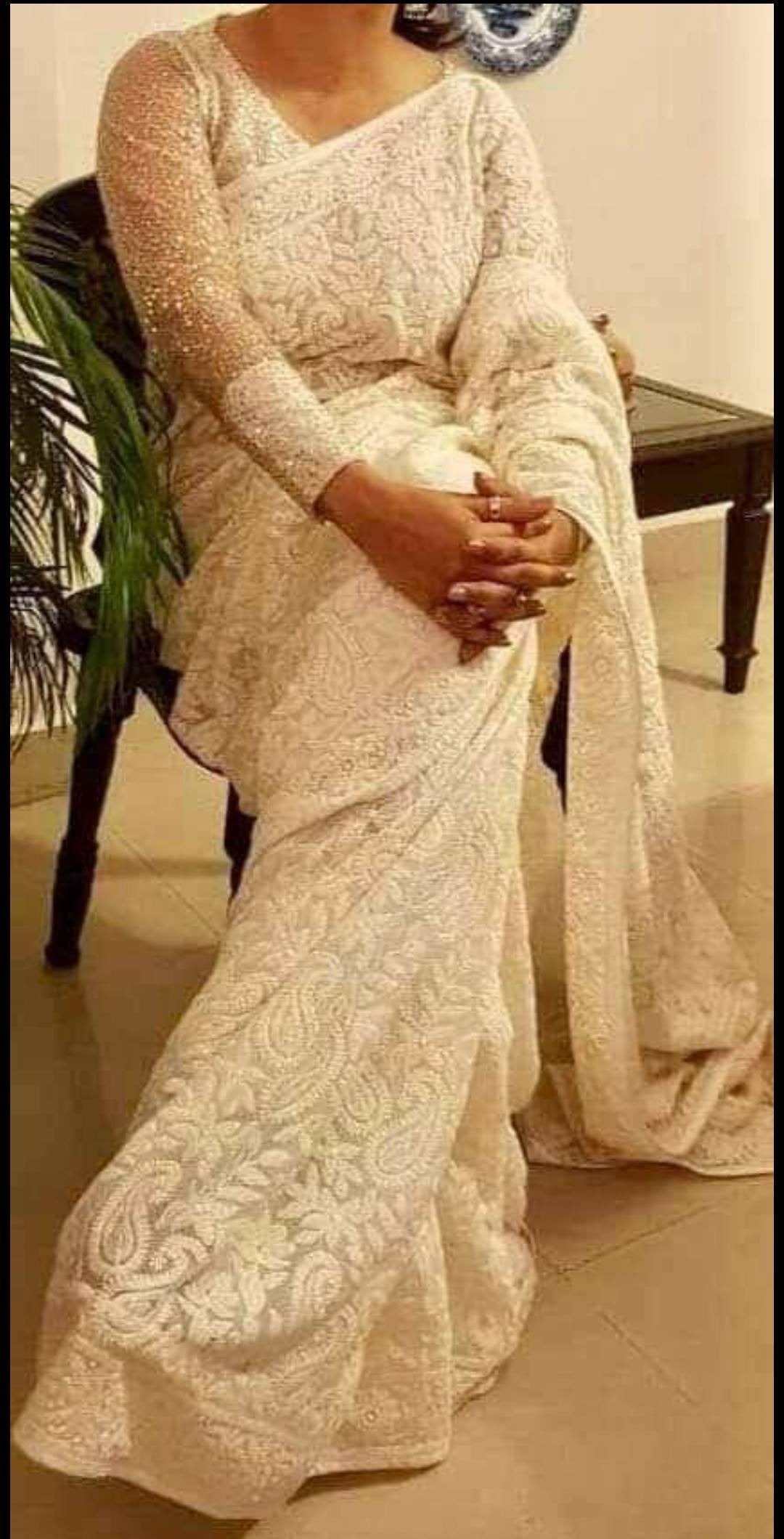 Zynah Pure Georgette Chikankari Saree with Glitter work, Dyeable; Custom Stitched/Ready-made Blouse, Fall, Petticoat; Shipping available USA, Worldwide
