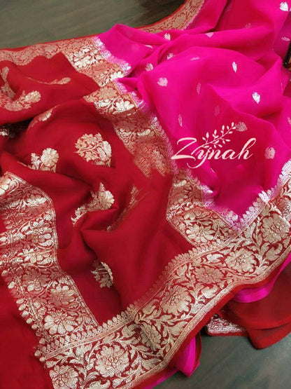 Zynah Pure Banarasi Handloom Khaddi Georgette Saree with Zari Weave; Custom Stitched/Ready-made Blouse, Fall, Petticoat; Shipping available USA, Worldwide