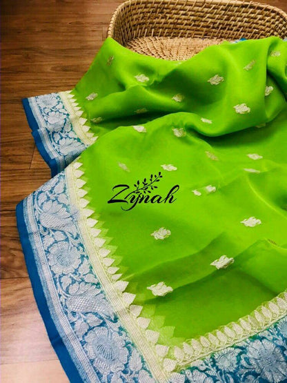 Zynah Pure Banarasi Handloom Khaddi Georgette Saree with Zari Weave; Custom Stitched/Ready-made Blouse, Fall, Petticoat; Shipping available USA, Worldwide