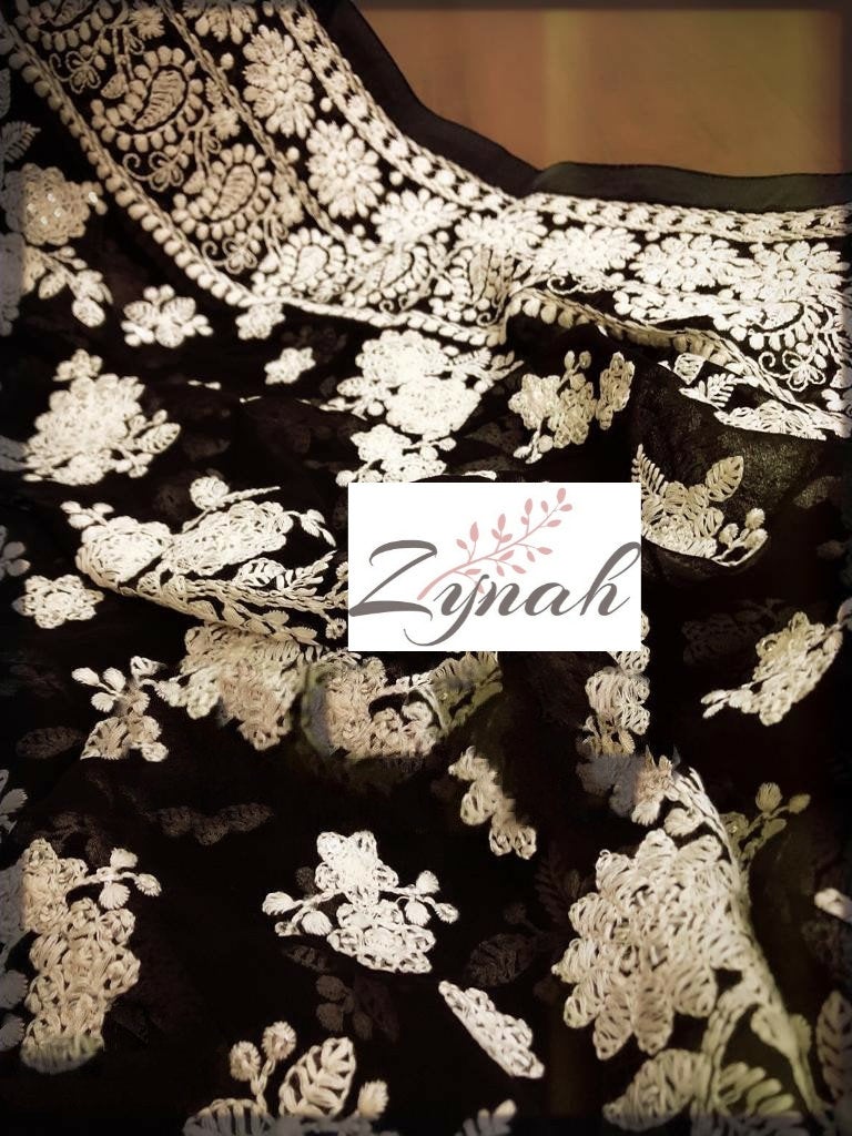 Zynah Pure Georgette Chikankari Saree with intricate floral bouquet;Custom Stitched/Ready-made Blouse, Fall, Petticoat; Shipping available USA, Worldwide