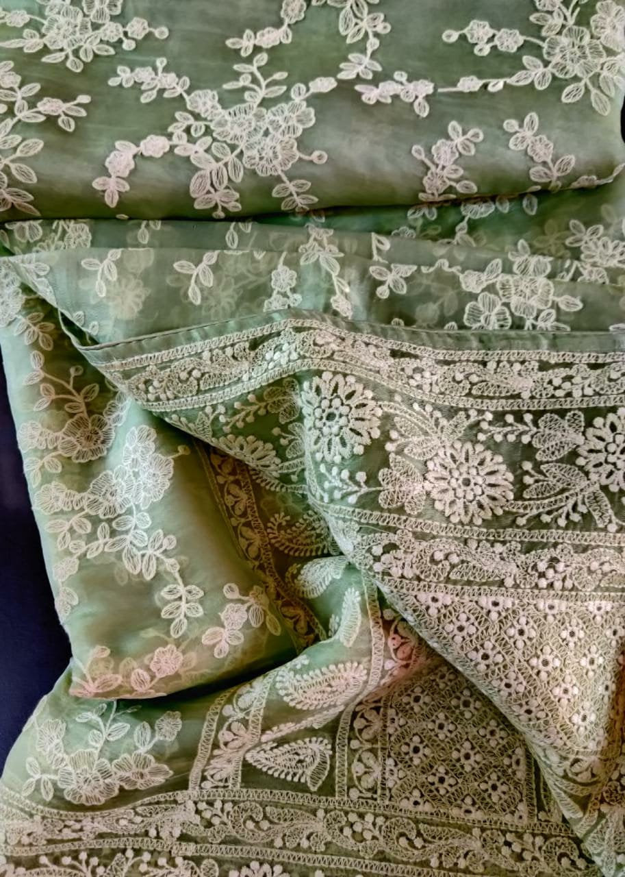 Zynah Pure Organza Chikankari Saree in Pastel Shades; Custom Stitched/Ready-made Blouse, Fall, Petticoat; Shipping available USA, Worldwide