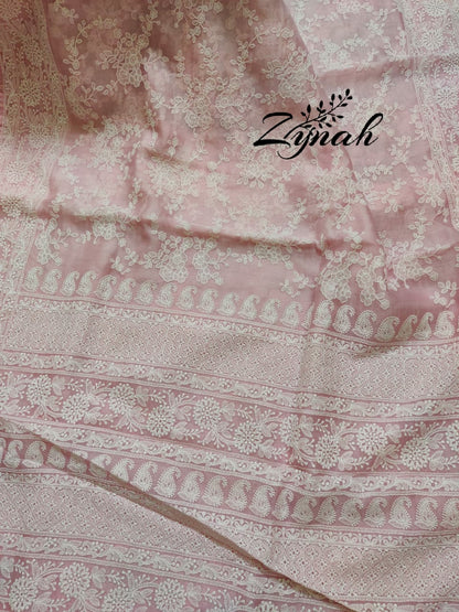 Zynah Pure Organza Chikankari Saree in Pastel Shades; Custom Stitched/Ready-made Blouse, Fall, Petticoat; Shipping available USA, Worldwide