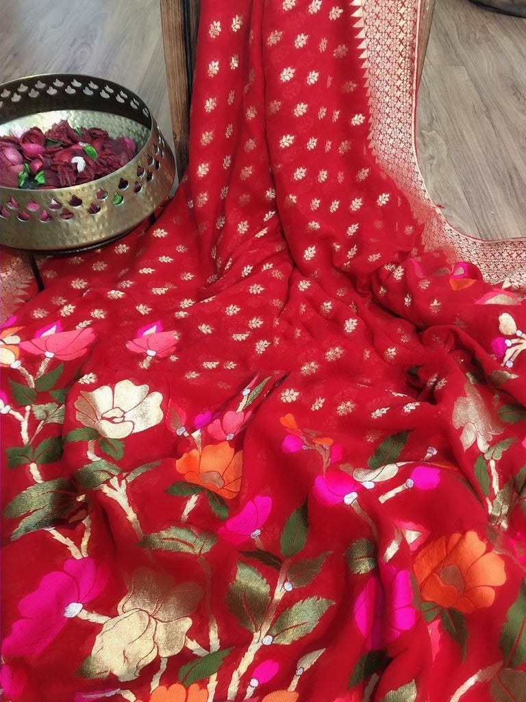 Zynah Pure Khaddi Georgette Banarasi Woven Saree with Meenakari Weave; Custom Stitched/Ready-made Blouse, Fall, Petticoat; Shipping available USA, Worldwide