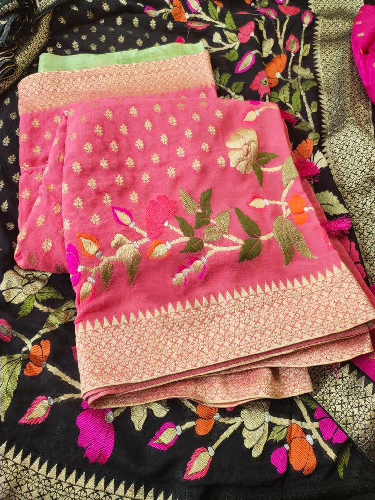 Zynah Pure Khaddi Georgette Banarasi Woven Saree with Meenakari Weave; Custom Stitched/Ready-made Blouse, Fall, Petticoat; Shipping available USA, Worldwide