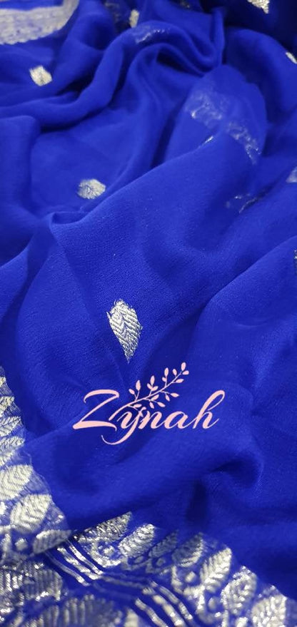 Zynah Pure Banarasi Handloom Khaddi Georgette Saree with Zari Weave; Custom Stitched/Ready-made Blouse, Fall, Petticoat; Shipping available USA, Worldwide