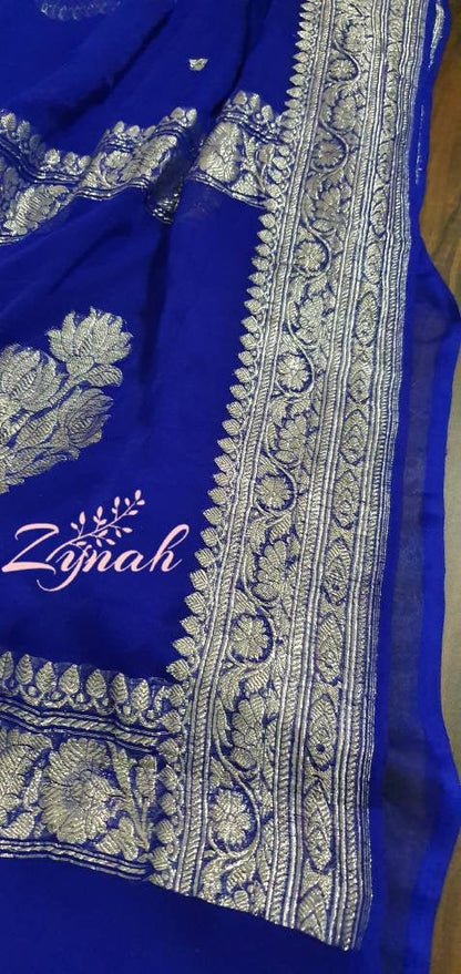 Zynah Pure Banarasi Handloom Khaddi Georgette Saree with Zari Weave; Custom Stitched/Ready-made Blouse, Fall, Petticoat; Shipping available USA, Worldwide