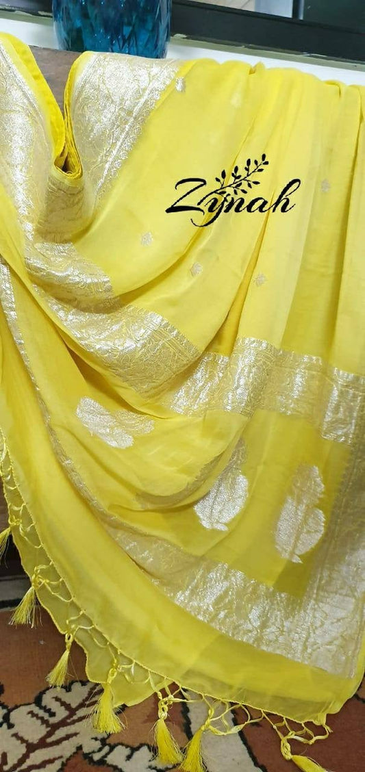 Zynah Pure Banarasi Handloom Khaddi Georgette Saree with Zari Weave; Custom Stitched/Ready-made Blouse, Fall, Petticoat; Shipping available USA, Worldwide