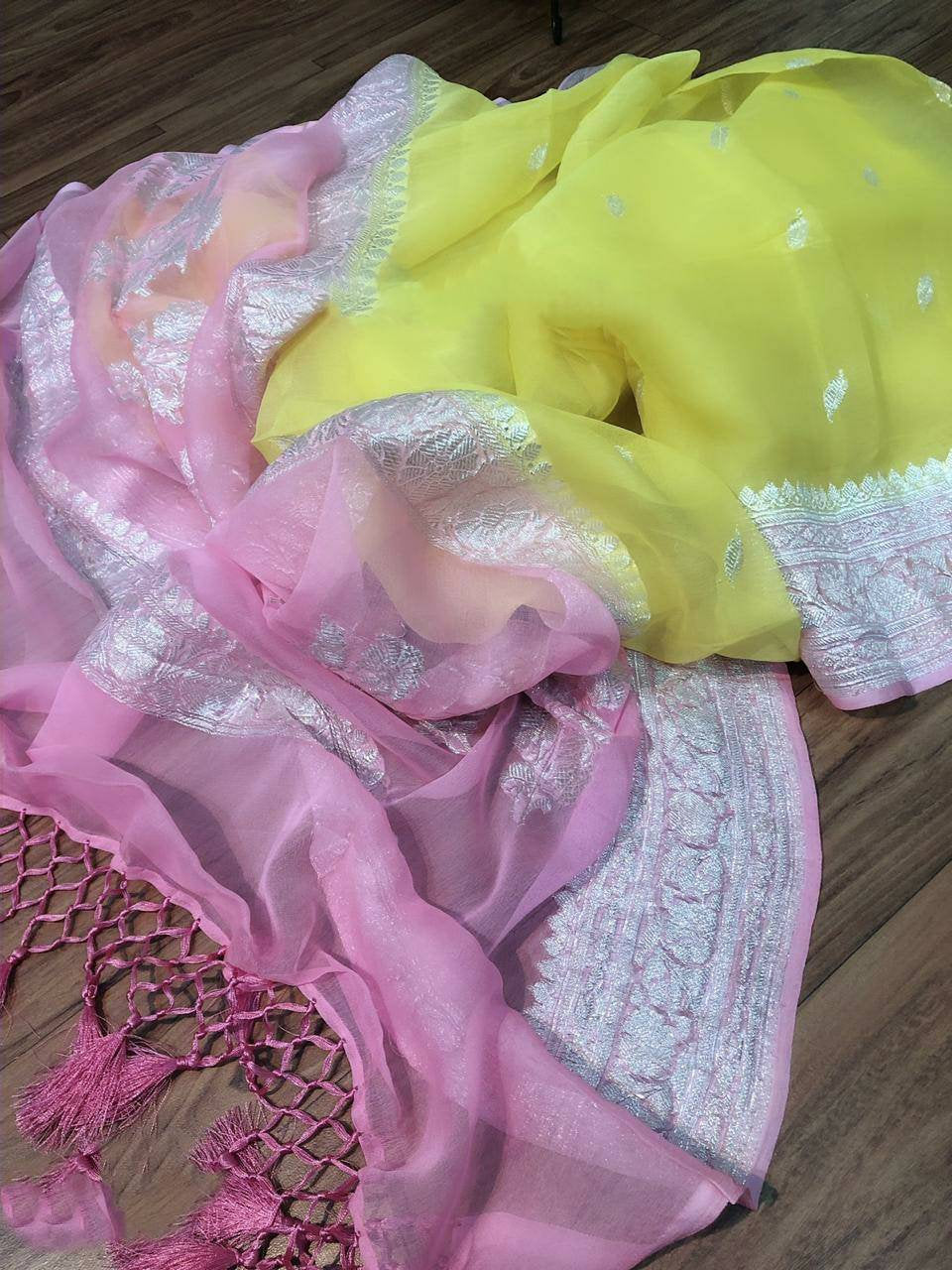 Zynah Pure Banarasi Handloom Khaddi Georgette Saree with Zari Border & Butis; Custom Stitched/Ready-made Blouse, Fall, Petticoat; Shipping available USA, Worldwide