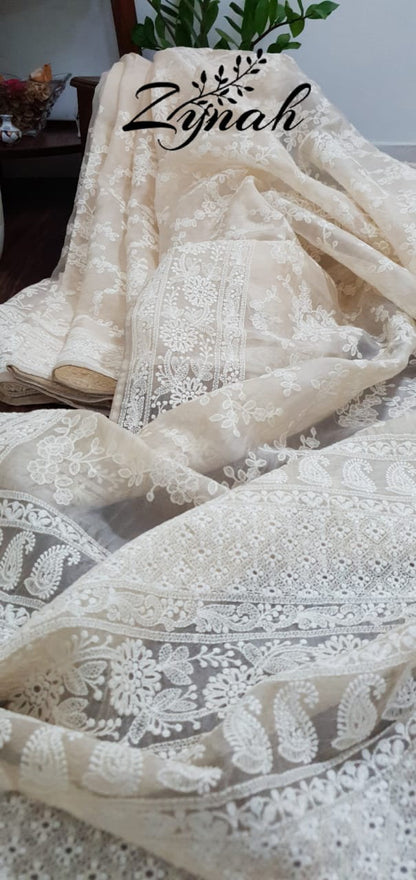 Zynah Pure Organza Chikankari Saree in Pastel Shades; Custom Stitched/Ready-made Blouse, Fall, Petticoat; Shipping available USA, Worldwide