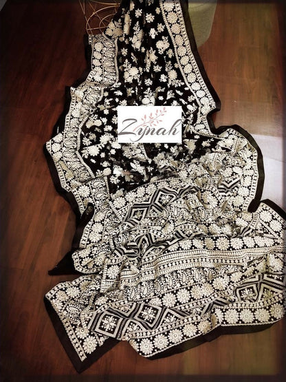 Zynah Pure Georgette Chikankari Saree with intricate floral bouquet;Custom Stitched/Ready-made Blouse, Fall, Petticoat; Shipping available USA, Worldwide
