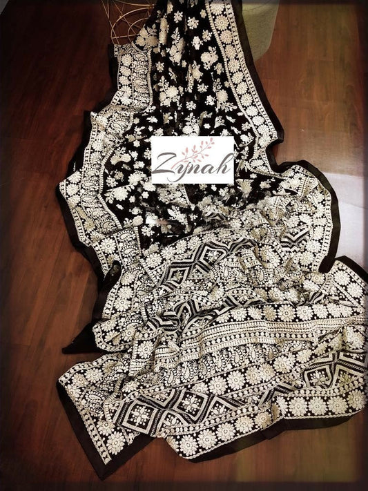Zynah Pure Georgette Chikankari Saree with intricate floral bouquet;Custom Stitched/Ready-made Blouse, Fall, Petticoat; Shipping available USA, Worldwide
