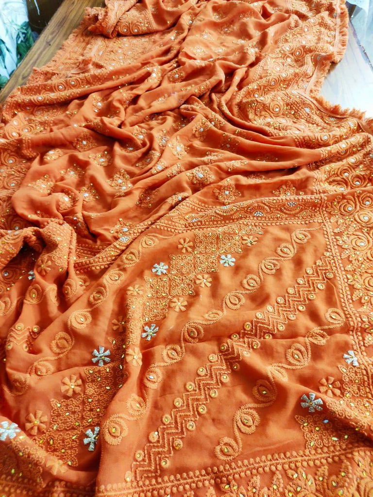 Zynah Pure Georgette Chikankari Saree with Glitter Work and Frilled Lace Border; Custom Stitched/Ready-made Blouse, Fall, Petticoat; Shipping available USA, Worldwide