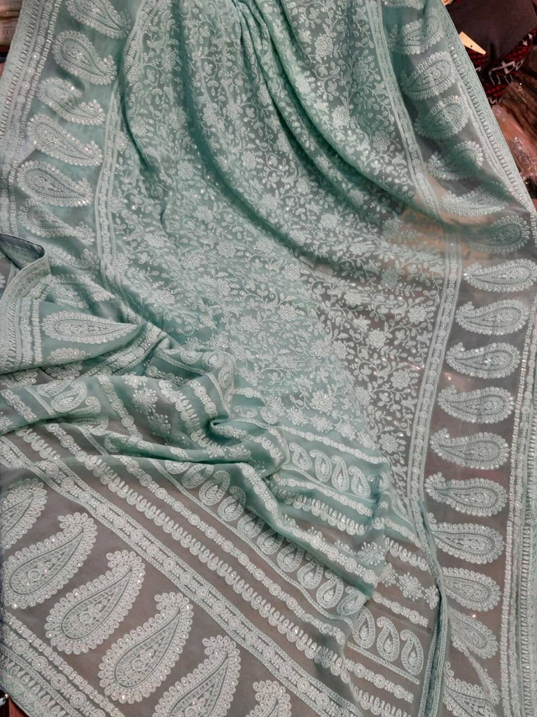 Zynah Pure Georgette Chikankari Saree with Sequence Work; Custom Stitched/Ready-made Blouse, Fall, Petticoat; Shipping available USA, Worldwide