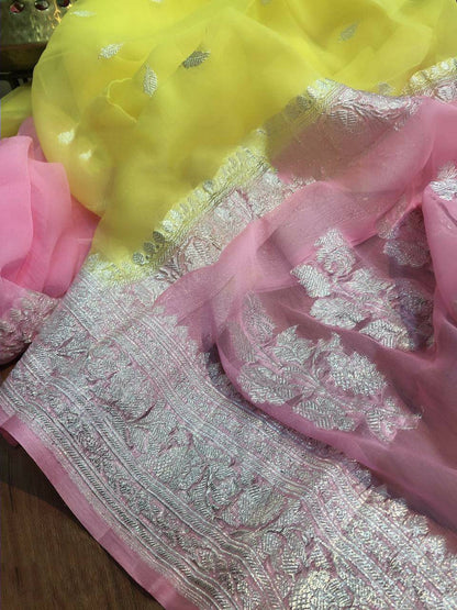 Zynah Pure Banarasi Handloom Khaddi Georgette Saree with Zari Border & Butis; Custom Stitched/Ready-made Blouse, Fall, Petticoat; Shipping available USA, Worldwide