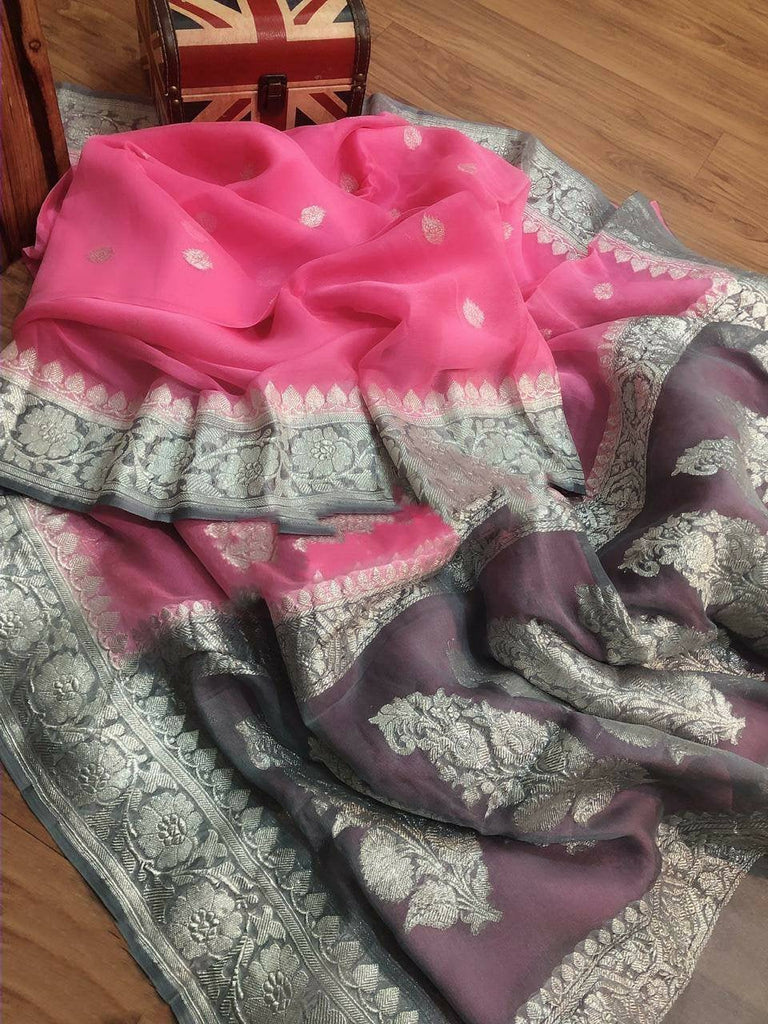 Zynah Pure Banarasi Handloom Khaddi Georgette Saree with Zari Weave; Custom Stitched/Ready-made Blouse, Fall, Petticoat; Shipping available USA, Worldwide