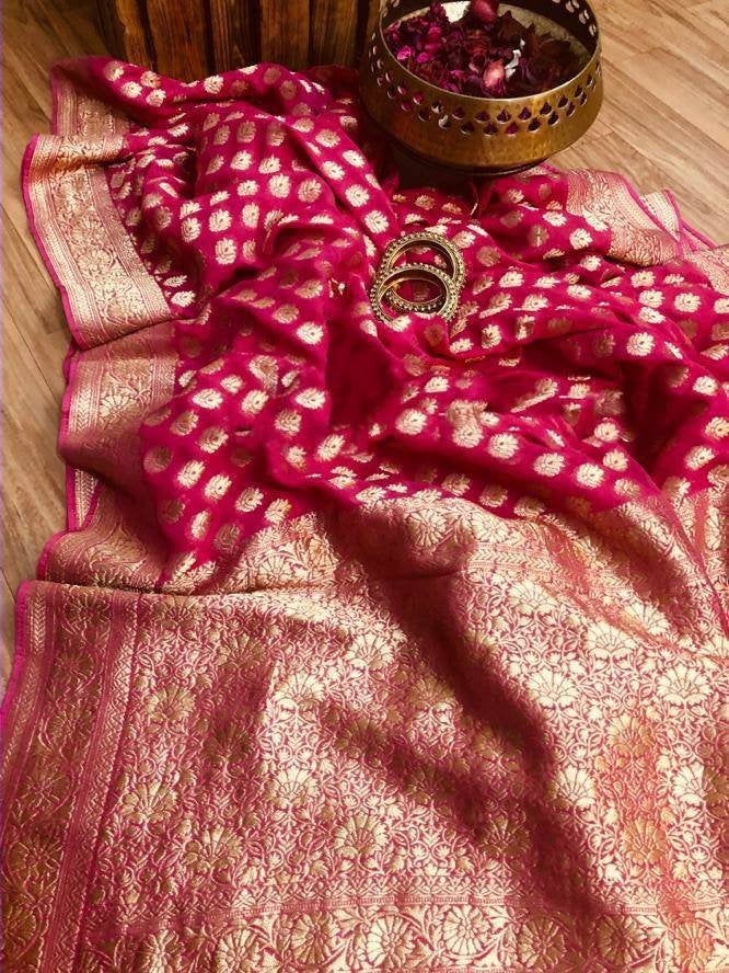Zynah Pure Khaddi Georgette Banarasi Woven Saree with hand brush dying; Custom Stitched/Ready-made Blouse, Fall, Petticoat; Shipping available USA, Worldwide