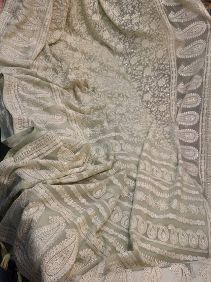 Zynah Pure Georgette Chikankari Saree with Sequence Work; Custom Stitched/Ready-made Blouse, Fall, Petticoat; Shipping available USA, Worldwide