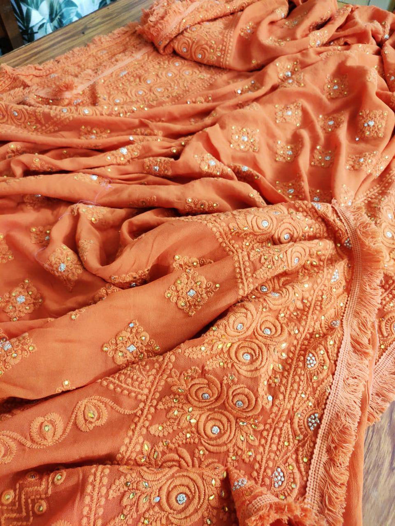 Zynah Pure Georgette Chikankari Saree with Glitter Work and Frilled Lace Border; Custom Stitched/Ready-made Blouse, Fall, Petticoat; Shipping available USA, Worldwide