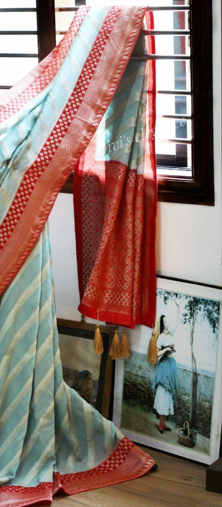 Zynah Pure Khaddi Georgette Banarasi Woven saree, Hand-brush Dyed; Custom Stitched/Ready-made Blouse, Fall, Petticoat; Shipping available USA, Worldwide