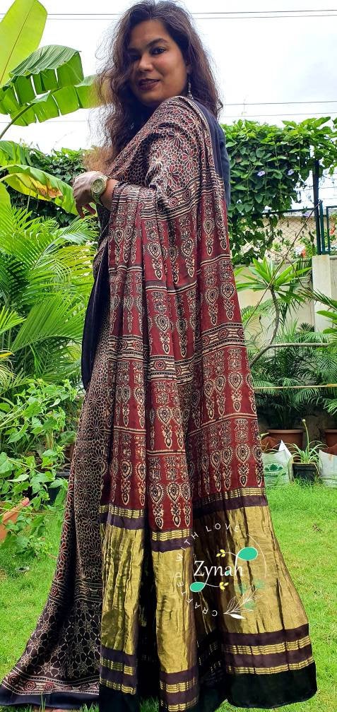 Zynah Pure Modal Silk Ajrakh Saree with Tissue Zari Pallu & Handblock Prints; Custom Stitched/Ready-made Blouse, Fall, Petticoat; Shipping available USA, Worldwide