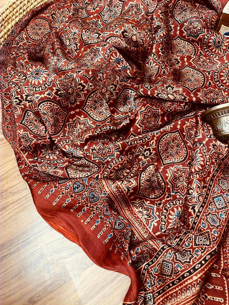 Zynah Pure Modal Silk Ajrakh Saree with Tissue Pallu & Handblock Prints; Custom Stitched/Ready-made Blouse, Fall, Petticoat; Shipping available USA, Worldwide
